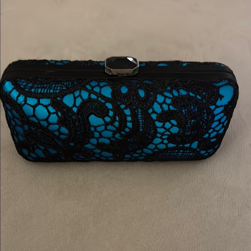 La Sera Clutch Turquoise with black lace overlay New